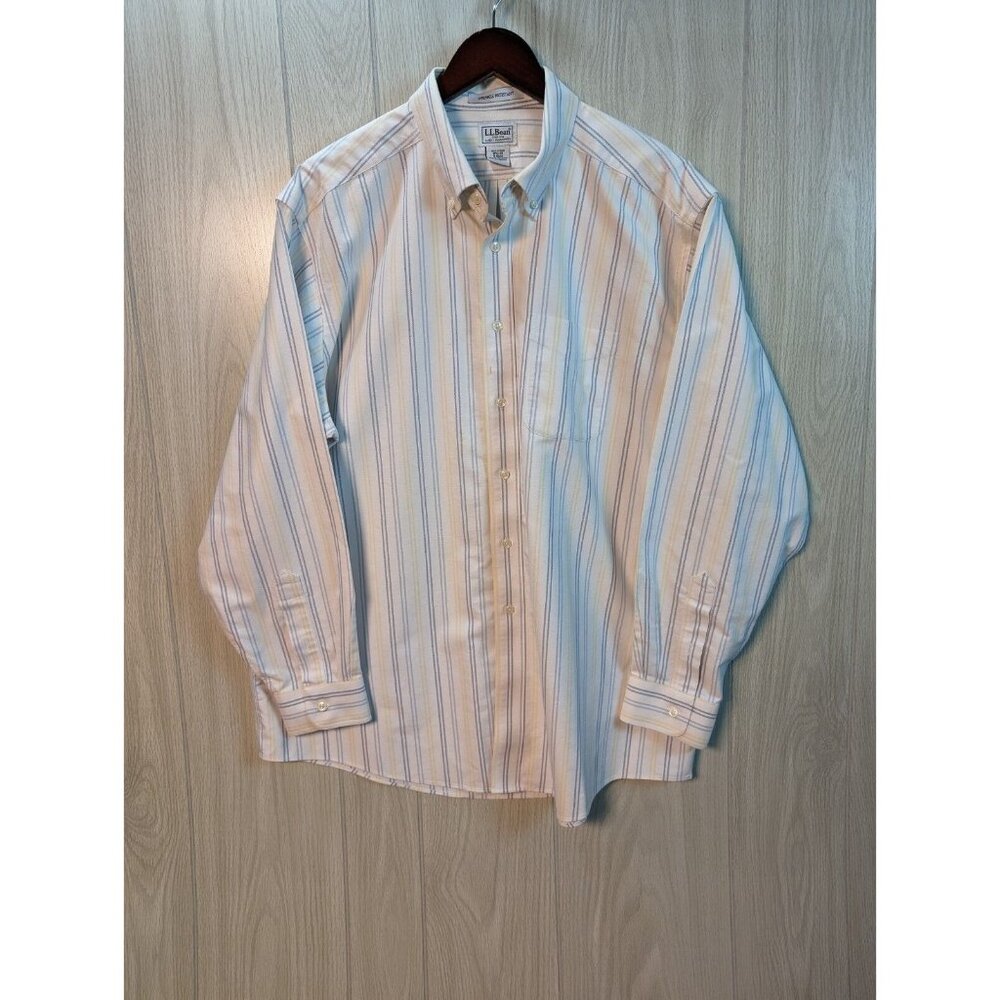 LL Bean Shirt 17.5-35 White Mens Casual Striped Wrinkle Free Button Long Sleeve